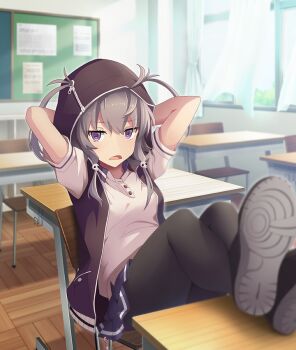 1girl arms_behind_head black_hood black_jacket black_pantyhose black_shoes blue_skirt breasts bulletin_board classroom crossed_ankles curtains day desk dot_nose feet_on_table game_cg grey_hair hair_through_hood hood hooded_jacket indoors jacket looking_at_viewer official_art open_clothes open_jacket open_mouth pantyhose paper purple_eyes reclining renpu_girls_school_uniform school_desk school_uniform shichinosato_kofuki shirt shoes short_sleeves skirt small_breasts solo third-party_source toji_no_miko toji_no_miko:_kizamishi_issen_no_tomoshibi white_shirt wooden_floor zipper