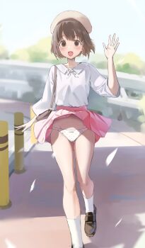 1girl absurdres arm_at_side bag beret black_shoes blush bob_cut bow bow_panties brown_hair clothes_lift collared_shirt commission crotch_seam day hand_up handbag hat highres loafers long_sleeves looking_at_viewer open_mouth original outdoors panties pantyshot pink_skirt polka_dot polka_dot_panties shadow shaka_(user_fmwh2232) shirt shirt_tucked_in shoes short_hair skirt skirt_lift smile socks solo underwear variant_set walking waving white_panties white_shirt white_socks wind wind_lift yellow_hat