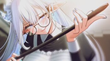 1girl closed_mouth commentary glasses halo_sweety halo_sweety_(artist) highres holding horns indie_virtual_youtuber long_hair long_sleeves maid maid_headdress mole mole_under_eye pointy_ears purple_eyes semi-rimless_eyewear solo upper_body virtual_youtuber white_hair