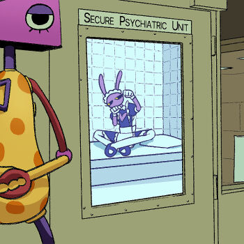 Rule 34 | 1boy, 1girl, animal ears, apron, bed, black dress, black shoes, clothing cutout, colored skin, crab claw, crossdressing, crossdressing (mtf), door, dress, english text, gloves, hand up, heart cutout, indian style, indoors, jax (the amazing digital circus), looking at viewer, looking to the side, maid, maid apron, maid headdress, male maid, no mouth, on bed, padded walls, paw pose, pillow, puffy short sleeves, puffy sleeves, purple skin, rabbit boy, rabbit ears, shoes, short sleeves, sitting, the amazing digital circus, white gloves, xx amni, yellow eyes, zooble (the amazing digital circus)