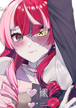 1girl armpits artist_logo closed_mouth drill_hair green_eyes heart heterochromia highres hololive hololive_indonesia kureiji_ollie landacdeus logo long_hair multicolored_eyes multicolored_hair patreon_username pink_hair presenting_armpit red_eyes solo stitched_face stitched_torso stitches streaked_hair symbol-shaped_pupils twitter_username upper_body virtual_youtuber white_hair yellow_eyes