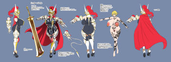 1girl absurdres aqua_background arm_tattoo armor armored_boots armored_collar ass bare_shoulders blonde_hair blue_eyes blush bodysuit boots breast_tattoo breasts breasts_apart cape chest_tattoo closed_mouth clothing_cutout collar crossed_legs curvy earrings eden&#039;s_ritter_grenze elf pointy_ears excessive_pubic_hair eyebrows_hidden_by_hair female_focus female_knight female_pubic_hair from_behind from_side full_body gauntlets hair_between_eyes heart heart_tattoo helm helmet high_heels highres hip_vent hoop_earrings huge_areolae huge_ass huge_breasts huge_nipples huge_weapon japanese_text jewelry knight leg_tattoo lock long_ears looking_at_viewer multiple_views navel neck_tattoo neroma_shin nipple_piercing nipples nude padlock piercing pointy_ears pubic_hair pubic_tattoo red_cape reference_sheet shiny_clothes short_hair simple_background skin_tight skindentation standing stomach_tattoo sword tattoo thick_thighs thighs tight_clothes weapon wide_hips