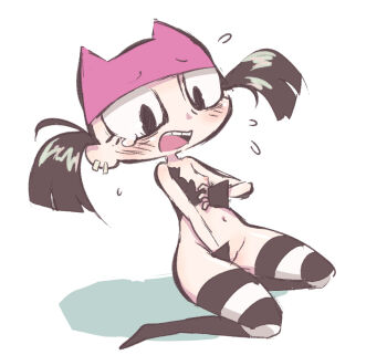 1girl animal_hat black_eyes black_gloves black_hair black_shirt black_thighhighs blush bottomless cat_hat covering_crotch covering_privates ear_piercing embarrassed fingerless_gloves flat_chest flying_sweatdrops functionally_nude gloves hand_on_own_chest hat k-nattoh loli looking_down my_life_as_a_teenage_robot navel nickelodeon nipples open_mouth piercing pink_hat punk shirt short_hair sitting sleeveless sleeveless_shirt striped_clothes striped_thighhighs surprised tears teeth thighhighs tiff_crust torn_clothes torn_shirt twintails white_background