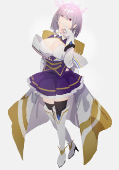 1girl a_(c3einycggcevevf) absurdres boots breasts cleavage commentary epaulettes frilled_skirt frills full_body gloves gridman_universe gridman_universe_(movie) highres large_breasts looking_at_viewer purple_hair purple_skirt red_eyes shinjou_akane shinjou_akane_(new_order) shirt short_hair skirt smile solo ssss.gridman standing thighhighs white_background white_boots white_gloves