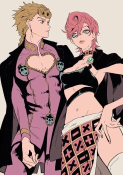 1boy 1girl aruhino black_choker black_jacket black_sarong blonde_hair blue_eyes braid braided_ponytail breasts bug choker cleavage cleavage_cutout clothing_cutout collarbone cowboy_shot crop_top earrings eyelashes fingernails giorno_giovanna green_eyes hand_on_own_hip heart_cutout highres hip_bones insect jacket jacket_on_shoulders jewelry jojo_no_kimyou_na_bouken ladybug ladybug_ornament lapels long_hair long_sleeves looking_to_the_side mandarin_collar math midriff multicolored_choker multicolored_sarong navel notched_lapels pants pectoral_cleavage pectorals pink_choker pink_hair pink_jacket pink_lips pink_pants pink_sarong pocket sarong short_hair simple_background skirt thick_lips thighhighs trish_una vento_aureo white_background white_sarong white_thighhighs wing_ornament yellow_choker yellow_sarong yellow_wings