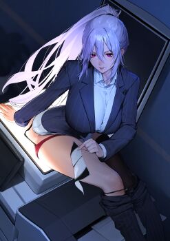 1girl absurdres beeeeen black_jacket black_pants black_thighhighs breasts buttons clothes_pull collared_shirt feet_out_of_frame from_above garter_straps grey_hair hair_between_eyes high_ponytail highres holding holding_photo huge_breasts impet_(last_origin) indoors jacket last_origin long_bangs long_hair looking_at_viewer office_lady official_alternate_costume open_clothes open_jacket open_pants panties pants pants_pull panty_pull parted_lips pearl_thong photo_(object) photocopier photocopying_self ponytail purple_eyes shirt single_thighhigh sitting sitting_on_object smile solo striped_clothes striped_jacket striped_pants thigh_strap thighhighs underwear v-shaped_eyebrows vertical-striped_clothes vertical-striped_jacket vertical-striped_pants very_long_hair white_shirt