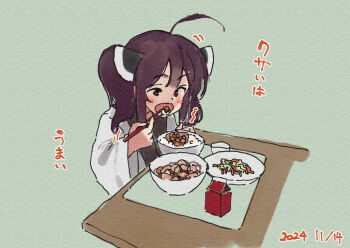 1girl ahoge blush bowl brown_eyes brown_hair chopsticks dated drink_carton food food_request green_background headgear holding holding_chopsticks japanese_clothes kimono lamb_(hitsujiniku) long_sleeves milk_carton motion_lines open_mouth plate rice rice_bowl solo touhoku_kiritan translation_request twintails upper_body voiceroid white_kimono wide_sleeves