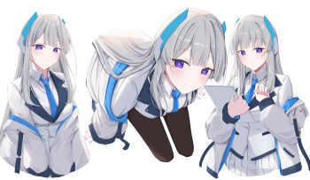 Rule 34 | 1girl, absurdres, black pantyhose, blue archive, blue necktie, breasts, commentary, formal clothes, grey hair, halo, headgear, highres, jacket, large breasts, leonardo 566, long hair, long sleeves, mechanical halo, necktie, noa (blue archive), pantyhose, pleated skirt, purple eyes, shirt, skirt, smile, suit, two-sided fabric, two-sided jacket, very long hair, white halo, white jacket, white shirt, white skirt, white suit