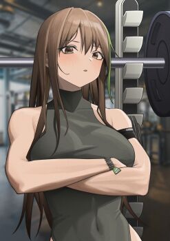 1girl alter_sang armband bare_shoulders black_armband black_leotard blush bodysuit breasts brown_eyes brown_hair covered_navel exercise_machine girls&#039;_frontline griffin_&amp;_kryuger_logo gym heattech_leotard highres large_breasts leotard ribbed_leotard long_hair looking_at_viewer m4a1_(girls&#039;_frontline) multicolored_hair no_jacket open_mouth solo streaked_hair turtleneck weights