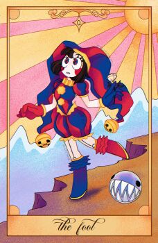 Rule 34 | asymmetrical footwear, asymmetrical gloves, blue eyes, blue gloves, blue hat, blush, brown hair, bubble, bubble (the amazing digital circus), card (medium), cliff, colored skin, english text, fishnets, frilled thigh strap, full body, gloves, hat, highres, jester cap, jester costume, light rays, looking up, medium hair, mountainous horizon, multicolored eyes, outdoors, pomni (the amazing digital circus), red eyes, red gloves, red hat, red sky, sharp teeth, sky, standing, standing on one leg, sun, tarot, tarot (medium), teeth, the amazing digital circus, the fool (tarot), thigh strap, twitter username, two-tone eyes, two-tone hat, vee flytrap, white skin