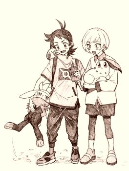 2boys carrying chikorita eye_contact full_body gen_2_pokemon gen_4_pokemon gen_8_pokemon goh_(pokemon) highres holding holding_pokemon horace_(pokemon) long_sleeves looking_at_another multiple_boys nintendo on_shoulder pokemon pokemon_(anime) pokemon_(creature) pokemon_journeys pokemon_on_shoulder quhi_nts raboot rotom rotom_phone shirt short_hair short_sleeves shorts sobble