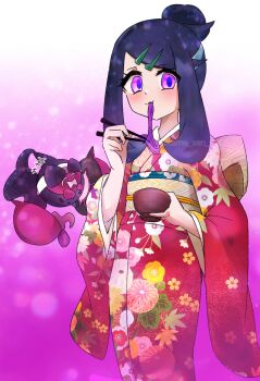 1girl 1other corruption eating food glowing hair_ornament hairclip holding holding_food japanese_clothes kame_san kimono liko_(pokemon) mind_control nintendo open_mouth pecharunt pokemon pokemon_(anime) pokemon_horizons ponytail purple_eyes short_ponytail swept_bangs vest