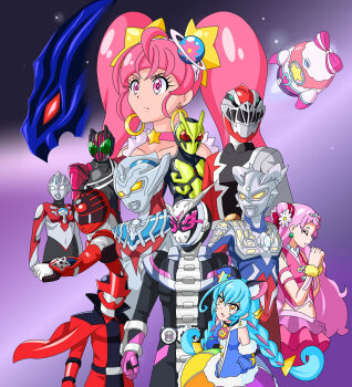 3girls 6+boys ahoge alien animal_ear_fluff animal_ears antennae armor armored_bodysuit assault_visor avengers:_endgame avengers_(series) belt black_armor black_bodysuit black_choker blue_bodysuit blue_gloves blue_hair blue_hat blunt_bangs bodysuit braid buti-yu cape cat_ears choker clenched_hands clock clock_hands closed_eyes clothes_writing clover_earrings color_timer compound_eyes cone_hair_bun cowboy_shot crossover cure_cosmo cure_star cure_yell cut_bangs dorsal_fin double_bun dress earrings elbow_gloves everyone flower fur_trim gauntlets gloves glowing glowing_eyes gradient_background green_armor green_eyes hair_bun hair_flower hair_ornament hair_ribbon hat heart heart_hair_ornament helmet hoop_earrings horns hoshina_hikaru hugtto!_precure jewelry kaitou_sentai_lupinranger_vs._keisatsu_sentai_patranger kamen_rider kamen_rider_01_(series) kamen_rider_dcd kamen_rider_decade kamen_rider_zero-one kamen_rider_zi-o kamen_rider_zi-o_(series) kishiryu_sentai_ryusoulger layered_skirt long_hair looking_to_the_side lupinred magical_girl marvel marvel midriff mini_hat mini_top_hat multicolored_bodysuit multicolored_hair multicolored_skirt multiple_boys multiple_crossover multiple_girls navel nono_hana parody parted_lips pink_armor pink_choker pink_dress pink_eyes pink_gloves pink_hair pink_shirt pink_skirt planet_hair_ornament pleated_skirt praying precure rainbow_skirt red_bodysuit red_cape red_eyes red_helmet ribbon rider_belt ridewatch ryusoul_red science_fiction serious shirt shishi_red skirt sleeveless sleeveless_shirt space spacecraft standing star_(symbol) star_choker star_color_pendant star_symbol_background star_twinkle_precure streaked_hair super_sentai thick_eyelashes tilted_headwear tokusatsu top_hat triangle_hair_ornament twin_braids twintails uchuu_sentai_kyuuranger ultra_series ultraman_orb ultraman_orb_(series) ultraman_taiga ultraman_taiga_(series) ultraman_tregear ultraman_zero upper_body very_long_hair white_eyes white_gloves yellow_eyes yuni_(precure)