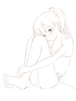Rule 34 | 1girl, bare shoulders, barefoot, bikini, breasts, closed mouth, collarbone, commentary request, full body, hands on own legs, kokudou juunigou, looking at viewer, monochrome, original, ponytail, side-tie bikini bottom, simple background, single sidelock, sitting, small breasts, smile, solo, swimsuit, thighs, white background