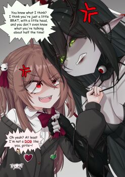 absurdres ahoge anger_vein angry black_cardigan black_dress black_hair black_sclera bow bowtie cardigan colored_sclera dress evil_neuro-sama fingerless_gloves gloves green_eyes hair_ornament highres indie_virtual_youtuber layna_lazar long_hair monotoxy neuro-sama open_mouth pale_skin pulling_another&#039;s_clothes red_bow red_bowtie red_eyes ritspi shirt skull_hair_ornament speech_bubble standing vedal_ai white_shirt