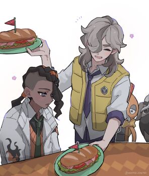 2boys absurdres arven_(pokemon) black_hair blush collared_jacket collared_shirt commentary dark-skinned_male dark_skin flag food gen_5_pokemon green_necktie grey_hair hair_over_one_eye highres holding holding_plate jacket light_blush long_hair low_ponytail mabosstiff male_focus minao_omina multicolored_hair multiple_boys naveen_(pokemon) necktie nintendo open_clothes open_jacket open_vest plate pokemon pokemon_(creature) pokemon_legends:_z-a pokemon_scarlet_and_violet ponytail purple_necktie sandwich school_uniform scrafty shirt sleeve_cuffs table three-quarter_sleeves two-tone_hair undercut upper_body uva_academy_school_uniform vest white_background white_jacket white_shirt yellow_vest