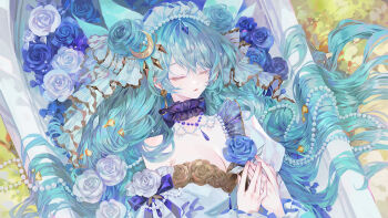 1girl azubull beads blue_flower blue_hair blue_rose breasts cleavage closed_eyes commission crescent dress earrings flower frills gem hair_flower hair_ornament jewelry long_hair lying necklace on_back original own_hands_together parted_lips pearl_(gemstone) pearl_necklace puffy_sleeves rose sensitive solo upper_body very_long_hair white_dress white_flower white_rose