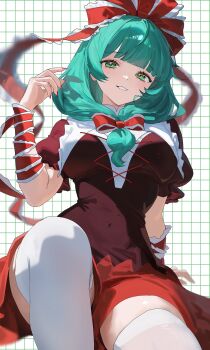 1girl aqua_eyes aqua_hair arm_support breasts commentary commission dress frilled_ribbon frills grid_background highres iood kagiyama_hina knee_up looking_at_viewer nail_polish parted_lips red_dress red_nails ribbon skeb_commission smile solo thighhighs thighs touhou white_thighhighs