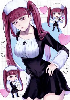 3girls black_boots black_dress bleach blunt_bangs boots breasts clone collarbone deformed dokugamine_riruka doll dress eyelashes frown grid_background hair_over_shoulder hand_on_own_hip hat heart highres holding holding_doll lipgloss lips long_hair long_sleeves looking_at_viewer medium_breasts multiple_girls narrow_waist parted_lips pink_eyes pink_hair short_dress single_sidelock stuffed_animal stuffed_rabbit stuffed_toy thighs thumbs_up twintails two-tone_dress uno_0a ushanka very_long_hair white_background white_dress white_hat white_wrist_cuffs wrist_cuffs