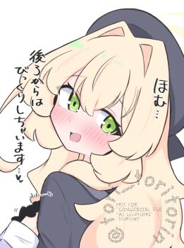 1boy 1girl :d beret black_gloves blonde_hair blue_archive blush commentary_request gloves green_eyes grey_hat grey_jacket hair_between_eyes hair_intakes halo hat head_tilt highres jacket kujou_karasuma long_hair long_sleeves looking_at_viewer looking_to_the_side open_mouth professor_niyaniya_(blue_archive) simple_background smile solo_focus translation_request upper_body very_long_hair watermark white_background