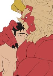 2boys bara beard between_pecs between_pectorals black_hair blank_eyes colored_skin comforting curled_horns dragon_horns face_to_pecs facial_hair flat_color forked_eyebrows furry furry_male furry_with_non-furry gardie_(otsukimi) hand_on_another&#039;s_hand head_between_pecs horns huge_eyebrows interspecies kouhei_(otsukimi) large_hands large_pectorals lion_hair long_sideburns male_focus multiple_boys muscular muscular_male nipples nude original otsukimi pectorals red_skin short_hair sideburns sideburns_stubble size_difference smile stubble tears thick_eyebrows triceps tusks upper_body yaoi