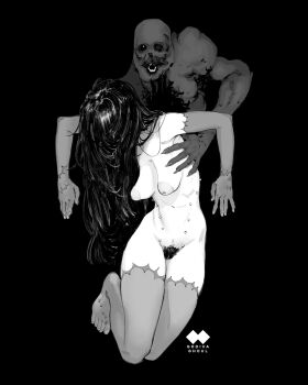 1girl 1other artist_logo artist_name barefoot black_background body_piercings breasts breasts_apart chest_jewel clitoral_hood covered_face female_pubic_hair fingernails floating_hair godiva_ghoul grabbing_from_behind greyscale groin hair_over_shoulder highres hip_dips horror_(theme) inverted_nipples large_areolae logo long_hair looking_at_viewer medium_breasts monochrome monster navel nipples nude open_hands open_mouth original patchwork_skin perky_breasts pointy_breasts pubic_hair simple_background stitches stomach teeth toenails toes