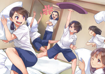 6+girls :d anger_vein angry black_hair brown_hair crossed_arms dragon_ball dragon_ball_(classic) futon grin gym_uniform holding indoors kienzan medium_hair multiple_girls one_eye_closed open_mouth original otsu_natsu pillow_fight shirt short_hair shorts smile t-shirt tongue tongue_out