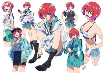1girl amate_yuzuriha bare_shoulders breasts cosplay costume_switch gundam gundam_gquuuuuux jacket large_breasts multiple_views necktie paintedmike red_hair school_uniform short_hair shorts sitting swimsuit
