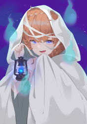 Rule 34 | 1girl, bandages, blue eyes, braid, brown hair, crown braid, fate/grand order, fate (series), ghost, ghost costume, highres, holding, holding lantern, lantern, long hair, looking at viewer, open mouth, purple background, shimaa482, side braid, single bare shoulder, smile, solo, spirit, van gogh (fate)