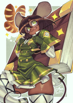 1girl animal_ears artist_name black_hair blush book bread brown_hair bumblesteak dark-skinned_female dark_skin food glasses gloves gofa green_eyes green_gloves highres loaf long_sleeves mouse_ears mouse_girl mouse_tail non-web_source olive_(bumblesteak) original shirt short_hair simple_background solo tail thighhighs tongue tongue_out