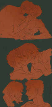 2boys absurdres bare_pectorals collared_shirt couple covering_another's_mouth cropped_shoulders curly_eyebrows facial_hair from_side goatee grin hair_over_one_eye half-closed_eyes highres kiss male_focus multiple_boys mustache no.6_(numberr_6) one_piece pectorals roronoa_zoro sanji_(one_piece) scar scar_across_eye scar_on_face sequential shirt short_hair smile undressing yaoi