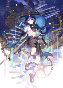1boy absurdres anemo_symbol_(genshin_impact) aqua_gemstone arm_at_side armor belt black_belt black_bodysuit black_bow black_bridal_gauntlets black_sandals black_shorts blue_cape blue_hat blue_kimono blue_sleeves blunt_ends bodysuit bow bridal_gauntlets bridal_legwear bright_pupils cape cloud cloudy_sky commentary_request didtldms0312 feathers fingernails full_body furisode gears gem genshin_impact glowing_object gold gold_trim hakama hakama_shorts hand_up hat highres japanese_armor japanese_clothes jingasa juban kimono korean_commentary kote kurokote layered_sleeves leg_warmers male_focus night night_sky open_clothes open_hand open_kimono parted_lips pectorals pleated_shorts pom_pom_(clothes) purple_eyes purple_rope purple_sash ringed_eyes rope sandals sash scaramouche_(genshin_impact) short_sleeves shorts shoulder_peek sky solo stairs star_(sky) star_(symbol) starry_sky stirrup_legwear tassel toeless_legwear toenails toes tsurime turtleneck turtleneck_bodysuit vision_(genshin_impact) wanderer_(genshin_impact) white_kimono white_leg_warmers white_mouth white_pupils white_sleeves wispy_bangs yellow_feathers zouri
