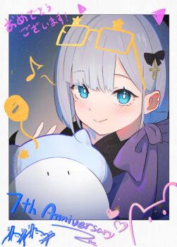 1girl anniversary blue_eyes border bow commentary cross_hair_ornament drawn_eyewear drawn_horns grey_hair hair_bow hair_ornament highres kaga_sumire looking_at_viewer lupinus_virtual_games mole mole_under_eye parted_bangs portrait simple_background simuyutou smile solo v virtual_youtuber vspo! white_border