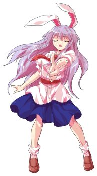 1girl alphes_(style) animal_ears blue_skirt bobby_socks brown_shoes buttons carrot closed_eyes collared_shirt commentary_request dairi dress_shirt full_body hair_between_eyes highres large_variant_set legs_apart long_hair necktie parody pointing pointing_at_viewer puffy_short_sleeves puffy_sleeves purple_hair rabbit_ears red_necktie reisen_udongein_inaba shirt shoes short_sleeves skirt socks solo standing style_parody tachi-e touhou transparent_background variant_set very_long_hair white_shirt white_socks