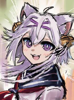 1girl ahoge animal_ear_fluff animal_ears bell blue_sailor_collar filian_(vtuber) hair_bell hair_ornament highres indie_virtual_youtuber open_mouth purple_eyes sailor_collar sailor_shirt shirt short_hair smile virtual_youtuber wersman white_hair