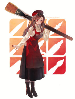 1girl absurdres apron beret black_skirt boots breasts brown_boots brown_hair closed_mouth collared_shirt commentary_request dress_shirt full_body hat high_heel_boots high_heels highres holding holding_paintbrush leaning_forward long_hair medium_breasts nail_polish numbers_(pigpenandpaper) original oversized_object paintbrush red_apron red_eyes red_hat red_nails shirt signature skirt smile solo standing very_long_hair white_shirt