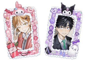 2boys absurdres androgynous baek_eunyung black_eyes black_hair black_jacket bow brown_hair candy chamuring closed_mouth collared_shirt eyelashes food ghost goh_haejoon green_necktie grey_background grin gummy_bear hair_ornament hairclip hashtag-only_commentary highres ice_cream jacket kuromi long_hair long_sleeves looking_at_viewer male_focus multiple_boys my_melody necktie no_home_(manhwa) one_eye_closed onegai_my_melody pocky red_jacket sanrio shirt short_hair simple_background smile solo trap upper_body v white_shirt