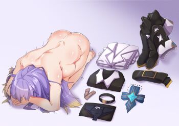 1girl apologizing back barefoot belt blue_ribbon boots breasts clothes_on_floor completely_nude dogeza face_down feet folded_clothes from_above gradient_hair highres hololive hololive_indonesia large_breasts moona_hoshinova moona_hoshinova_(1st_costume) multicolored_hair myumi naked_dogeza nude panties prostration purple_hair ribbon sideboob solo starry_hair trembling two-tone_hair underwear unworn_belt unworn_boots unworn_clothes unworn_panties virtual_youtuber white_background