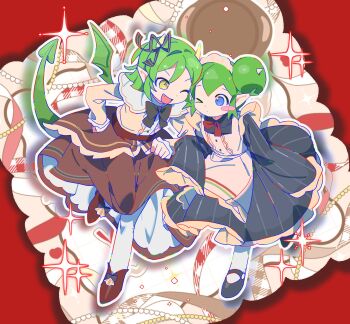 Rule 34 | > o, 2girls, apron, black dress, blue eyes, blush stickers, bow, brown skirt, closed mouth, double bun, draco centauros, dragon girl, dragon horns, dragon tail, dragon wings, dress, fang, green hair, green tail, hair bun, hand on own hip, highres, horns, lidelle (puyopuyo), long sleeves, maid, maid apron, maid headdress, multiple girls, one eye closed, open mouth, pantyhose, pointy ears, puyopuyo, red background, red bow, ribbon, say 0010, shirt, shoes, short hair, skirt, sleeves past fingers, sleeves past wrists, smile, tail, white apron, white pantyhose, wings, yellow eyes, yellow horns