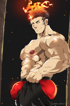 1boy abs absurdres ass_lift bara boxers bulge bulge_lift debris dressing feet_out_of_frame fiery_hair fire flaming_halo from_side halo highres i&#039;ve_never_seen_a_guy_recreate_this_successfully_tbh_(meme) large_bulge large_pectorals long_sideburns looking_at_viewer looking_to_the_side male_focus male_underwear mature_male meme muscular muscular_male navel nipples open_pants pants pants_lift pectorals red_male_underwear rougantoreenaa short_hair sideburns smile solo sparse_stubble stomach thick_eyebrows tokyo_houkago_summoners topless_male undersized_clothes underwear v-shaped_eyebrows zabaniyya_(housamo)