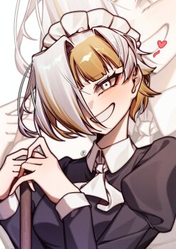 Rule 34 | 1girl, alternate costume, apron, ascot, black dress, blonde hair, broom, dress, grey eyes, highres, kromer (project moon), limbus company, looking at viewer, maid, maid apron, maid headdress, multicolored hair, project moon, simple background, smile, solo, suillus, upper body, white ascot, white background, white hair