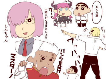 10s 2girls 3boys :d archer_(fate) black_eyes black_hair blonde_hair blue_eyes blush chibi commentary_request cosplay crayon_shin-chan crossover dark-skinned_male dark_skin detached_sleeves elizabeth_bathory_(fate) elizabeth_bathory_(fate/extra) elizabeth_bathory_(first_ascension)_(fate) fate/extra fate/extra_ccc fate/grand_order fate/stay_night fate_(series) fujimaru_ritsuka_(male) fujimaru_ritsuka_(male)_(cosplay) glasses hair_over_one_eye holding horns ishii_hisao long_hair mash_kyrielight multiple_boys multiple_crossover multiple_girls nohara_shinnosuke open_mouth parody purple_hair sakata_kintoki_(fate) short_hair smile style_parody sunglasses sweatdrop tail translation_request underwear usui_yoshito_(style)