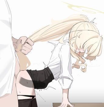 1boy 1girl arm_support black_panties black_pantyhose blonde_hair blue_archive clothed_sex clothes_pull donutman grabbing_another&#039;s_hair gradient_background green_halo grey_background halo hetero highres holding_another&#039;s_hair loli long_hair open_mouth panties panty_pull pantyhose pantyhose_pull ponytail professor_niyaniya_(blue_archive) sex shirt stomach_bulge tongue tongue_out underwear white_background white_shirt x-ray
