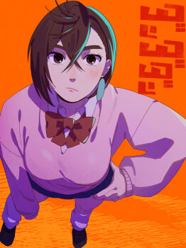 1girl absurdres ayase_momo black_choker blue_skirt blush bow bowtie breasts brown_eyes brown_hair choker closed_mouth collared_shirt commentary_request copyright_name crossed_bangs dandadan earrings from_above full_body gyaru hair_behind_ear hair_between_eyes hand_on_own_hip highres jewelry kami_high_school_uniform large_breasts long_sleeves looking_at_viewer loose_bowtie loose_socks miniskirt nasubi_(user_agpx4547) orange_background pink_sweater pleated_skirt red_bow red_bowtie school_uniform shirt shirt_under_sweater short_hair skirt sleeves_past_wrists socks solo standing straight-on sweater thick_eyebrows white_shirt white_socks