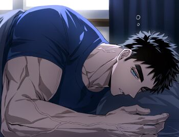 1boy bara black_hair blanket blue_eyes blue_shirt curtains domo_(domo_kizusuki) forehead head_on_pillow kokado_shido_(domo) looking_at_viewer male_focus messy_hair on_bed one_eye_closed original pillow pov_across_bed shirt short_hair sideburns squeans under_covers veins veiny_arms window