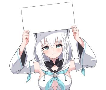 1girl animal_ears arms_up blue_neckerchief braid breasts cleavage_cutout clothing_cutout detached_sleeves fox_ears fox_girl hands_up highres holding holding_sign hololive kumarang looking_at_viewer medium_breasts neckerchief ribbon-trimmed_sleeves ribbon_trim shirakami_fubuki shirakami_fubuki_(1st_costume) side_braid sign simple_background single_braid smile solo straight-on template upper_body virtual_youtuber white_background white_hair wide_sleeves