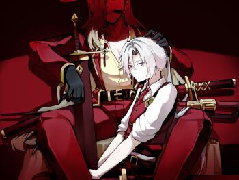 1boy 1girl belt between_legs black_gloves breasts cigar cleavage closed_mouth coat collared_shirt commentary_request gloves goawat gold_trim hand_on_another's_head headpat highres holding holding_sword holding_weapon katana limbus_company long_hair looking_at_viewer lucio_(project_moon) necktie pants partially_unbuttoned ponytail project_moon purple_eyes red_background red_coat red_necktie red_pants red_vest scabbard shaded_face sheath sheathed shirt sitting sleeves_rolled_up smoking spread_legs sword valencina_(project_moon) vest weapon white_hair white_shirt yellow_shirt