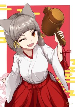 Rule 34 | 1girl, ;d, animal ear fluff, animal ears, border, brown eyes, brown ribbon, commentary request, egasumi, fangs, grey hair, hair ribbon, hakama, hakama skirt, hammer, hand up, highres, holding, holding hammer, japanese clothes, kimono, long sleeves, looking at viewer, makibane (mkbane), miko, nia (xenoblade), one eye closed, open mouth, red background, red hakama, ribbon, skirt, smile, solo, white border, white kimono, wide sleeves, xenoblade chronicles (series), xenoblade chronicles 2