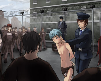 143_(hakuyagen) 2boys arms_behind_back belt black_belt black_eyes black_hat black_jacket black_pants blue_hair blue_necktie blush brown_eyes brown_hair building buttons chain-link_fence clothes_writing collarbone crowd exhibitionism fence furrowed_brow grabbing_from_behind guard hakuyagen_(yoronbi) hand_on_another's_neck hat jacket loincloth looking_ahead multiple_boys navel necktie nipples open_mouth original outdoors pants people pocket prison prison_clothes public_indecency shota sidelocks sky slave standing surrounded topless_male undershirt walking wing_collar yaoi