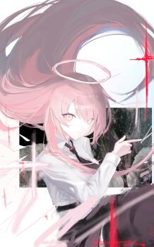 1girl absurdres arknights black_dress black_necktie detached_wings dot_nose dress energy_wings finger_gun floating_hair hair_between_eyes halo highres im_1diot lemuen_(arknights) lemuen_(elite_ii)_(arknights) light_smile long_hair long_sleeves looking_at_viewer necktie pink_eyes pink_hair pink_halo shirt solo traditional_halo white_shirt wings